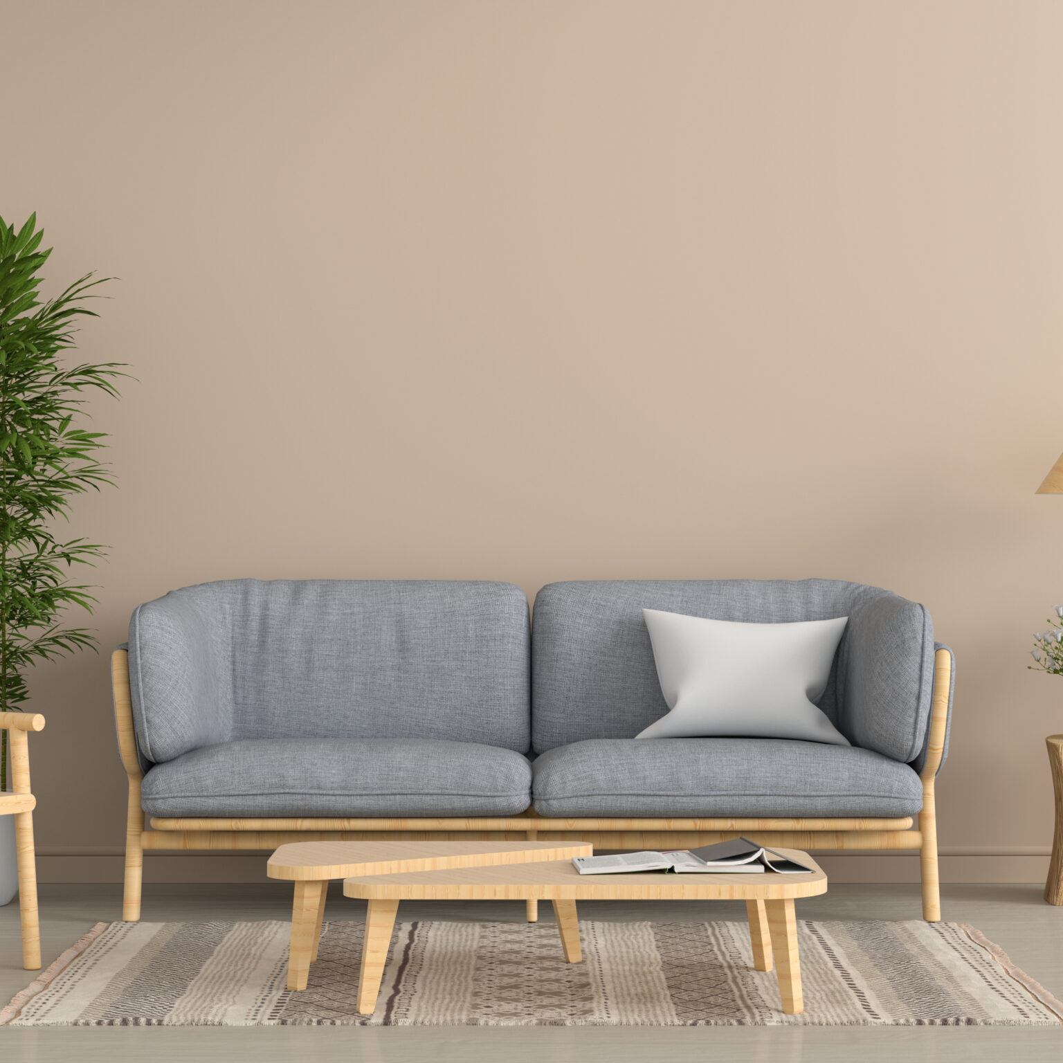 Grey sofa and wood chair in brown living room interior, 3D rende